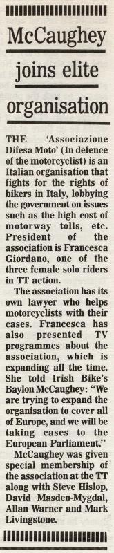 McCaughey joins elite organisation - Irish Bike - July 1996